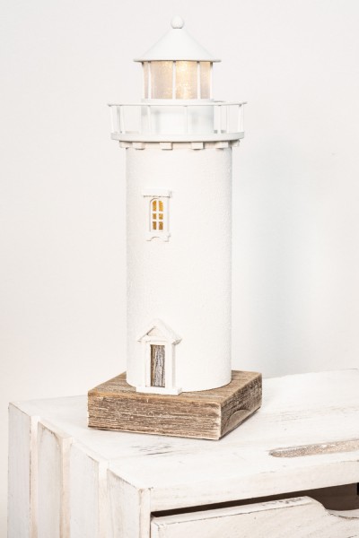 Leuchtturm Holz 29cm mit LED-Beleuchtung weiss hellblau mit Anker 