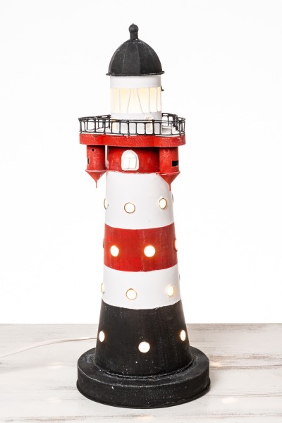 Leuchtturm roter Sand 24 cm Kunstharz Blinklicht maritime  Deko rot weiss 