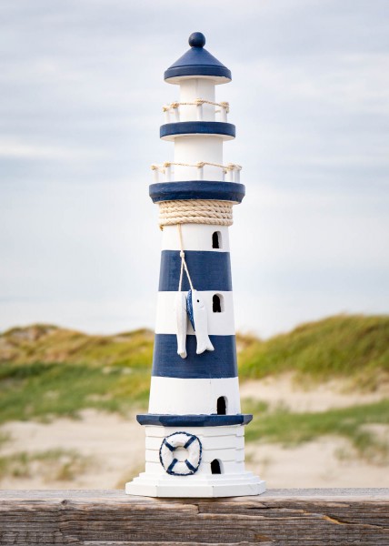 33cm mit 2 Holzfischen maritime Deko Holz Leuchtturm blau/weiß gestreift ca 