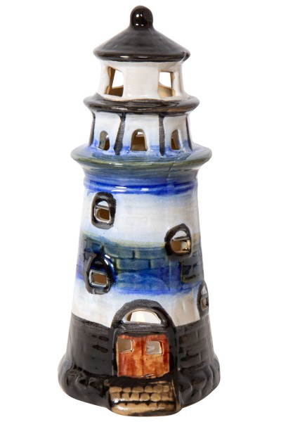 Metall Leuchtturm 18 cm Höhe mit Teelicht mit Segelboot und Fischernetz