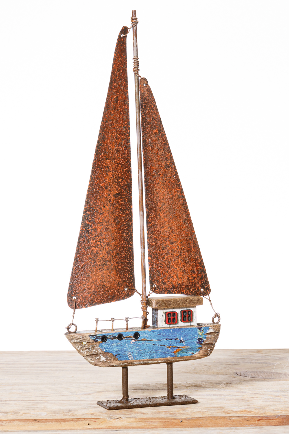 Deko Holz Segelboot Segler Segelschiff mit Seestern grau/weiß ca 55,5 x 33cm 